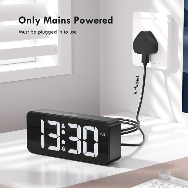 Mains Powered Alarm Clock with UK Plug (Model: E13)